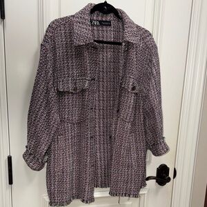 Zara oversized tweed jacquard jacket shirt shacket pink blue white knit